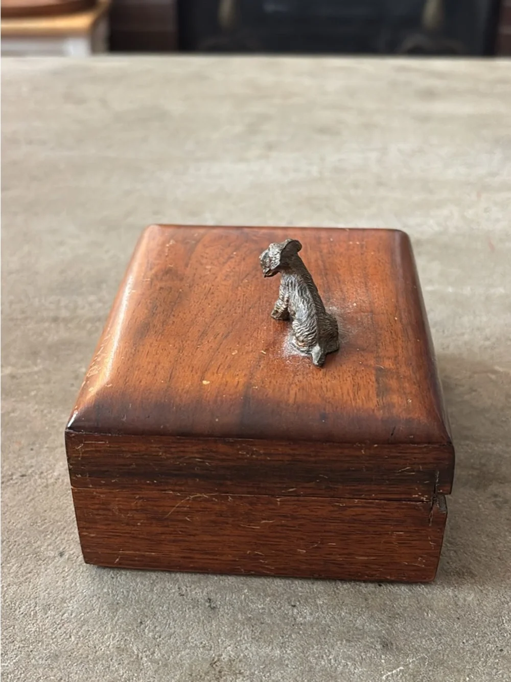 Vintage Wooden Trinket Box with Metal Scottie Dog Figurine